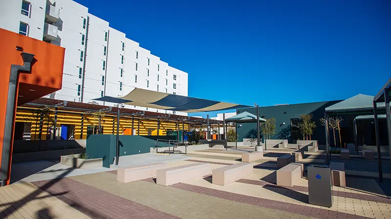 The colorful new Skid Row Care Campus in downtown Los Angeles.