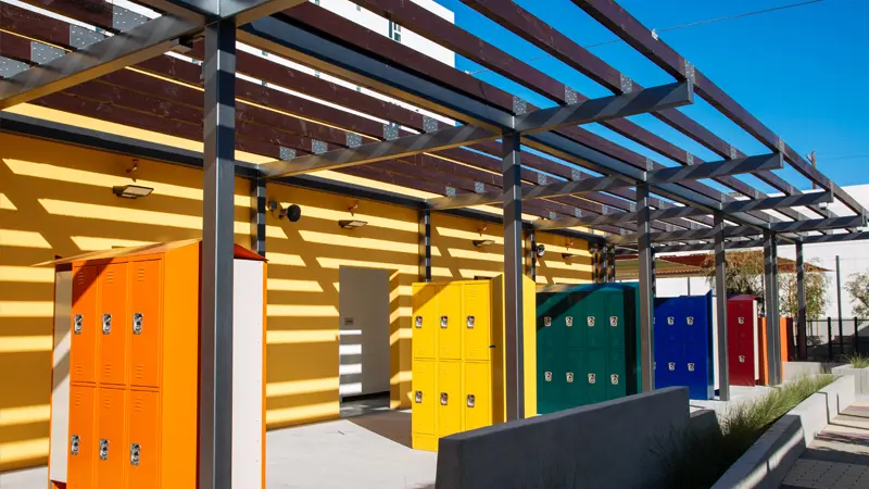 The colorful new Skid Row Care Campus in downtown Los Angeles.